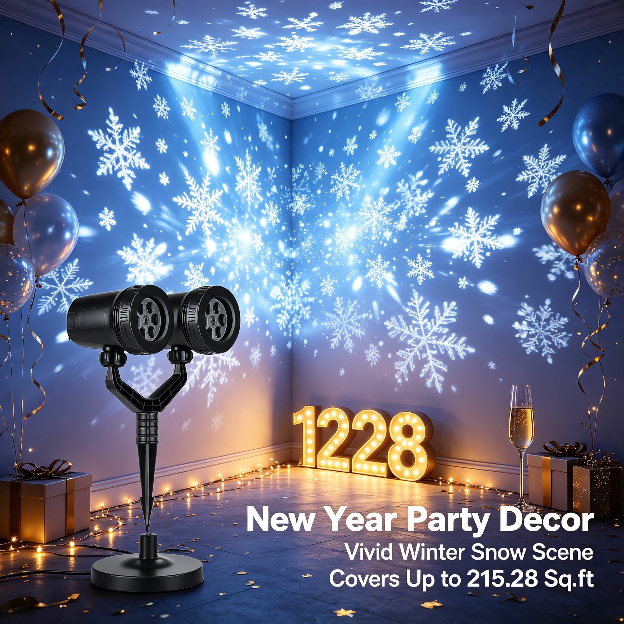 Astoutdoor Snowflake Projection Light with Dual Adjustable 180° Heads, IP44 ABS Outdoor Projector Light, 4 Dynamic Snowflake Patterns for Holiday Indoor and Outdoor Decor