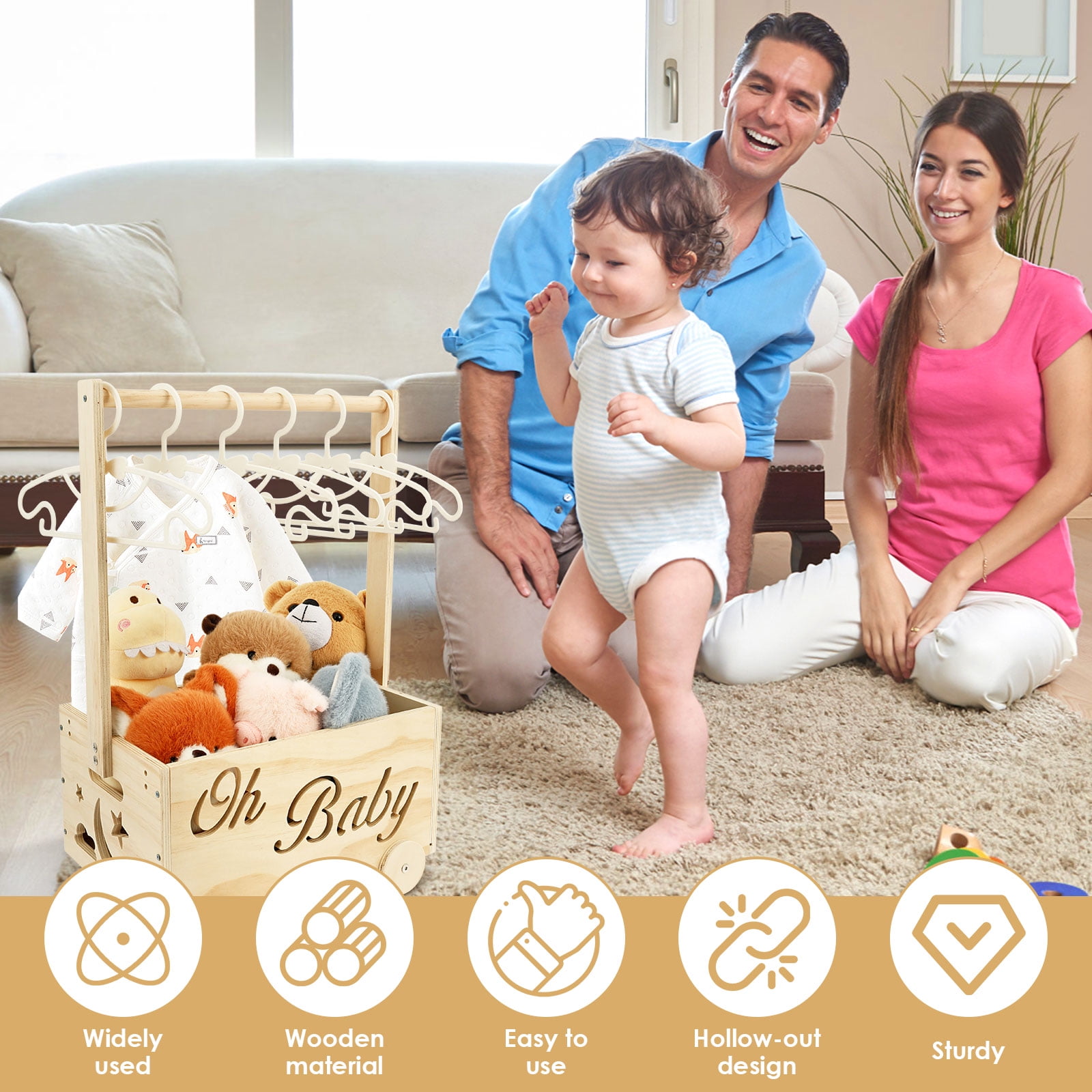 Wooden Baby Shower Crate Closet with Wheels Creative DIY Baby Shower Present Basket with 6 Hangers for Clothes Toys