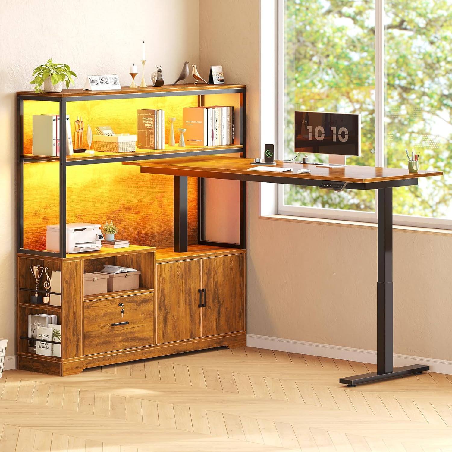 SEDETA L Shaped Standing Desk, Electric Adjustable Height Computer Desk with Drawer, Cabinet & Bookcase,  Stand Up Corner Desk with LED Lights & Power Outlets for Home Office, Rustic Brown