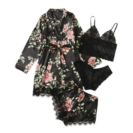 

Women Plus Size Sexy Lingerie Silk Robe Satin Bathrobe Four-piece Set Sleepwear Pajamas pijama para mujer pajamas for women pijamas for women