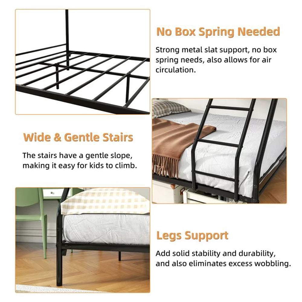 Gewnee Twin over Full Bunk Bed, Metal Bed Frame with Ladder&Safety Guardrail for Kids Teens,Black