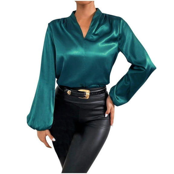 Olyvenn Women's Sexy Satin Silk Top V Neck Lantern Long Sleeve Shirts Office Work Blouses Business Casual Summer and Fall Tee Green L