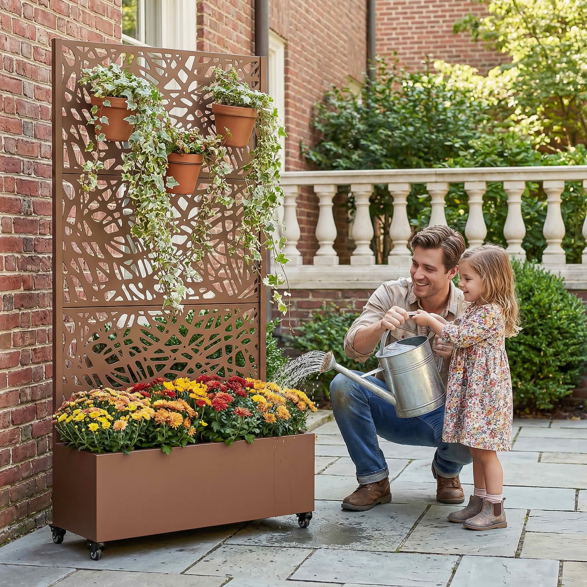 MAYEERTY 72X35" Metal Outdoor Brown Privacy Screen with Planter Box for Backyard & Garden, 3 Piece Set