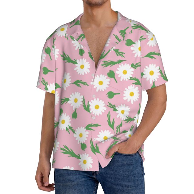 Balery Daisies Flowers Camisa Casual de Manga Corta con Botones para Hombre, Texturizada, Estilo Cubano, para Playa, Verano-X-Large