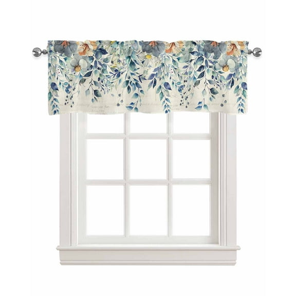 Eucalyptus Blue Linen Curtain Valance for Bedroom/Bathroom/Kitchen/Living/Dining Room Window,Retro Floral Pastoral Country French Leaf Pocket Topper Drapes Decorative Cafe Drapery Panel 42"x12"