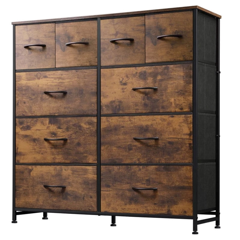 Kelno 10 Drawers Fabric Cabinet Metal Frame Wide Wood Top Tall Storage Tower TV Stand Clothes Organizer for Bedroom Living Room,Rust Brown