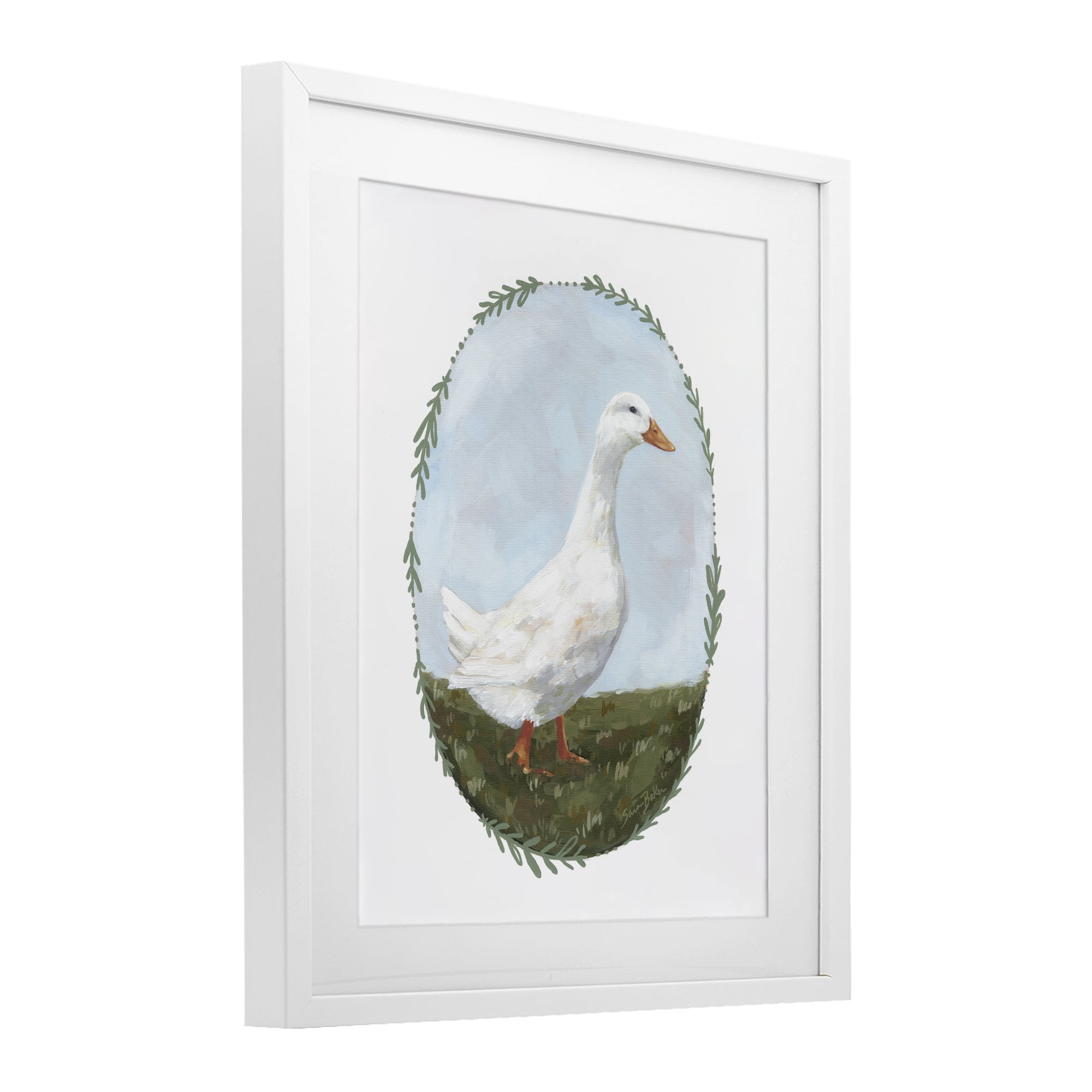Stupell Industries Gentle Duck in Meadow White Framed Print Under Glass, design by Sara Baker