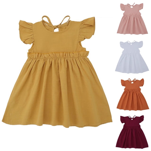 NJDVHB Robe d'Été pour Tout-Petit, Robe de Plage pour Fillette, Robe de Fête pour Filles, Robe Unie pour Enfants à Manches Volantées et Manches Courtes à Col Rond, Rose, 100