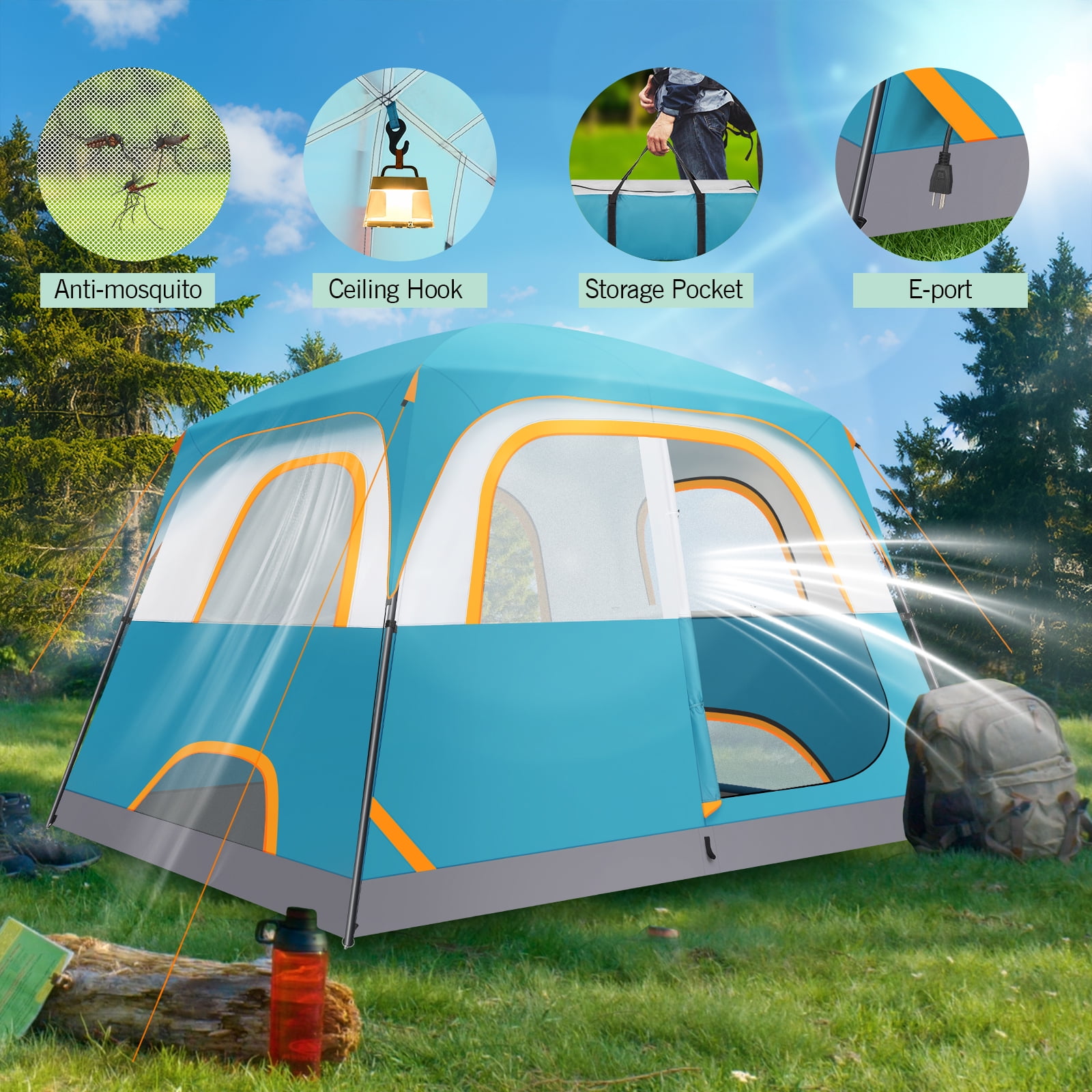 HOTEEL 6 Person Blackout Camping Tent, Instant Family Tents, Easy Setup Tents for Camping with Rainfly Water-Resistant, Blue