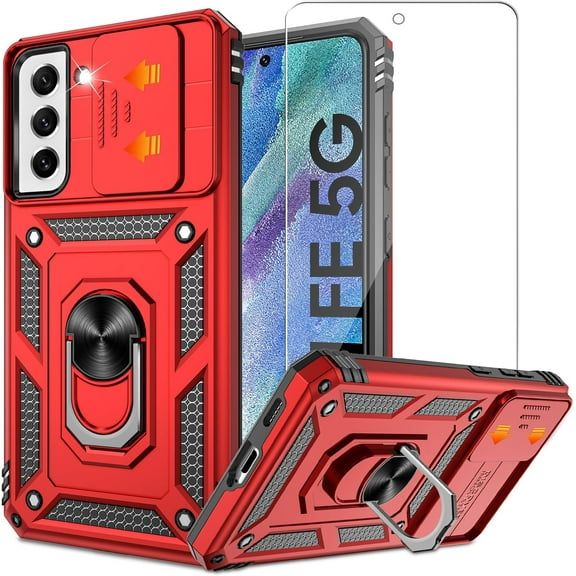 for Samsung Galaxy S21 FE Case with Anti-Explosion Screen Protector, Build in 360° Rotating Ring Kickstand [Military Grade] Protective Case for Galaxy S21 FE 5G, Red