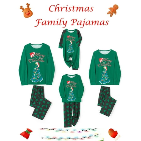 

Family Christmas Pajamas Matching Sets Green Xmas Tree Print Pullover Tops Loose Pants Party Holiday Sleepwear Homewear