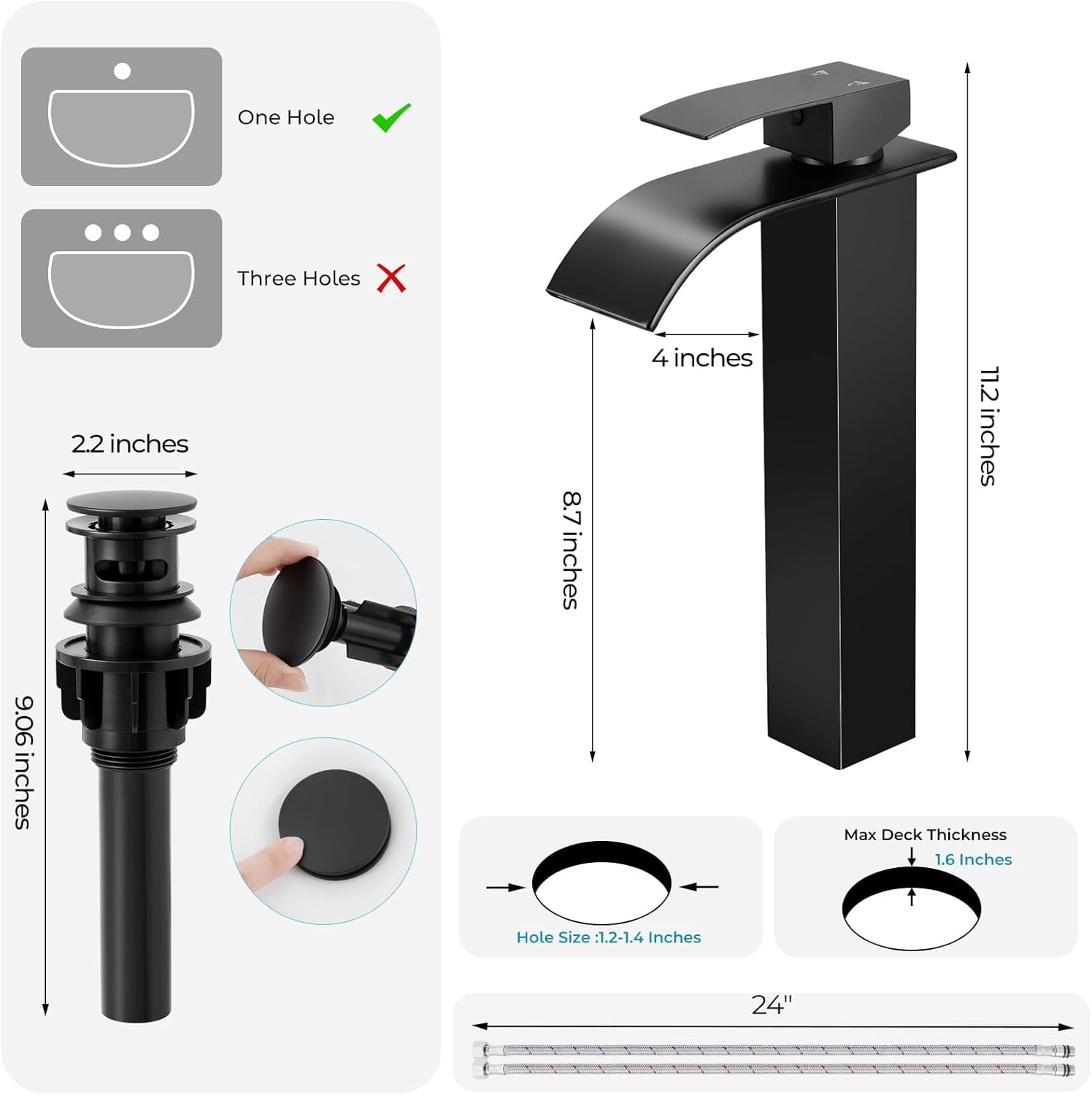 Black Bathroom Faucets, Tall Waterfall Bathroom Sink Faucet Modern Single Handle Bathroom Faucte 1 Hole, Tall Spout Vessel Faucet Mixer Tap Washbasin Faucet with Pop-up Drain, Supply Hoses