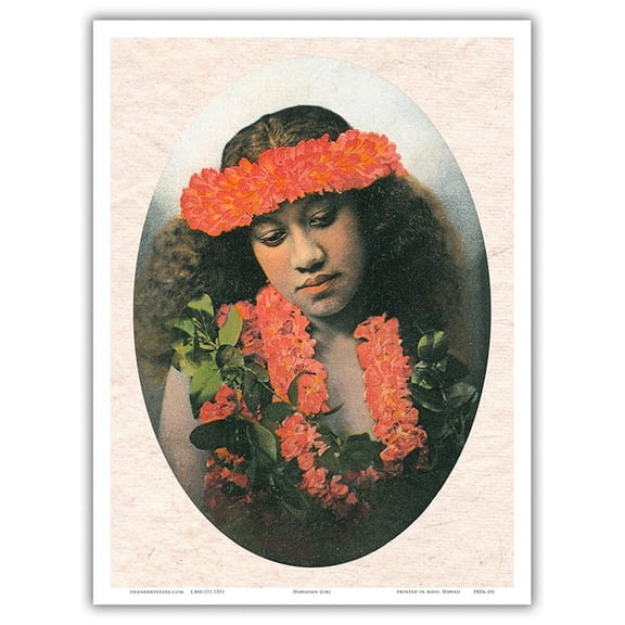 Portrait of a Native Hawaiian Girl with Flower Leis - Vintage Hawaiian Color Postcard c.1900 - Master Art Print (Unframed) 9in x 12in