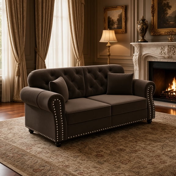 Chesterfield Velvet Sofa, 63" 2-Seater Tufted Couch with Rolled Arms & Nailhead Trim, Includes 2 Pillows, Mid-Century Modern Love Seat for Living Room Apartment, Brown