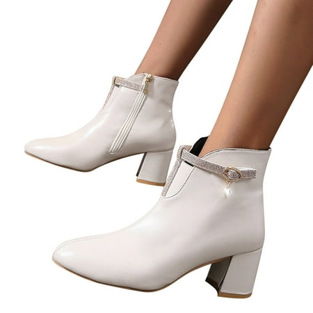 

Gubotare Women Winter Boots Women s Ankle Boots - Chunky Heel Short Booties with Zip Closure White 6