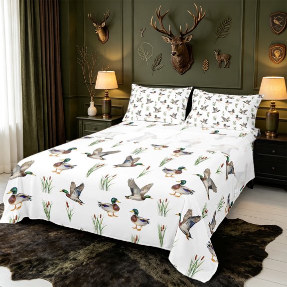 Manfei Aquatic Bird Pattern Bed Sheets,Farmhouse Cabin Full Size Sheets,4pcs,1 Flat Sheet,1 Fitted Sheet and 2 Pillowcases