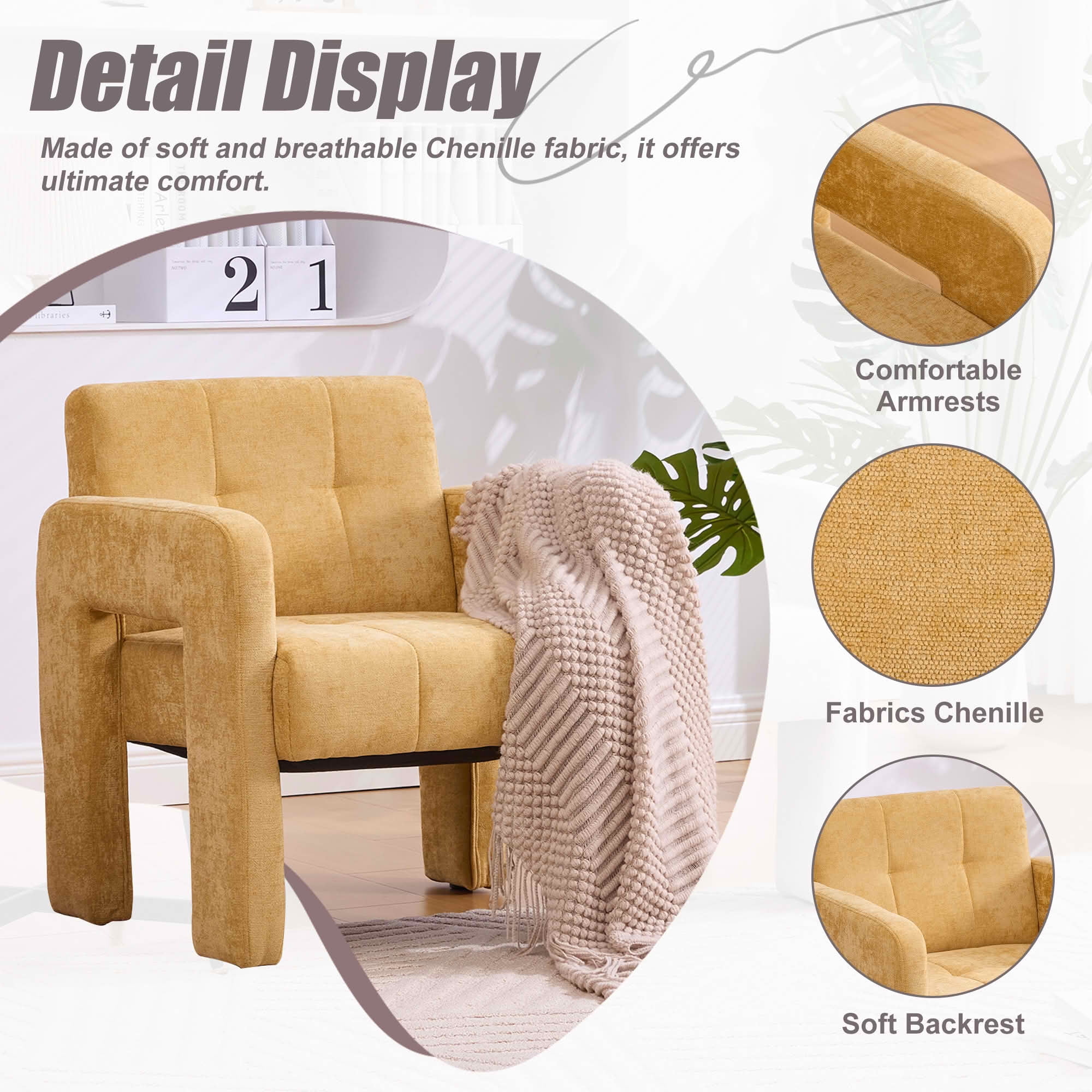 MAYEERTY Modern Minimalist Chenille Accent Armchair, Mustard yellow, for Living Room Bedroom Office