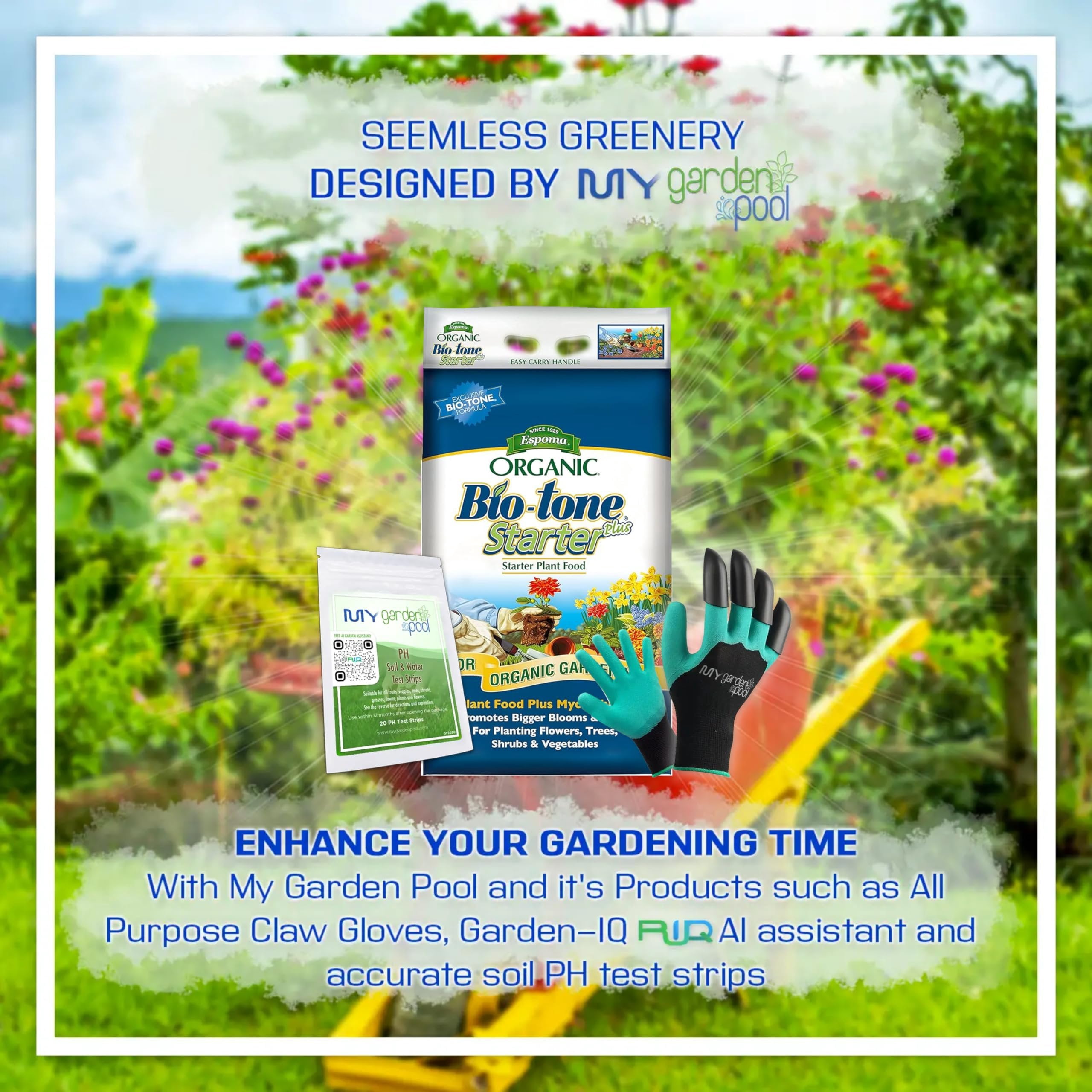 Espoma BTSP18 Bio-Tone Starter Plus 18 lb. Bag with My Garden Pool PH Soil Test Strips 20 ct, and Superior Gardening Claw Gloves and Garden-IQ, Smart Gardening AI Assistant!