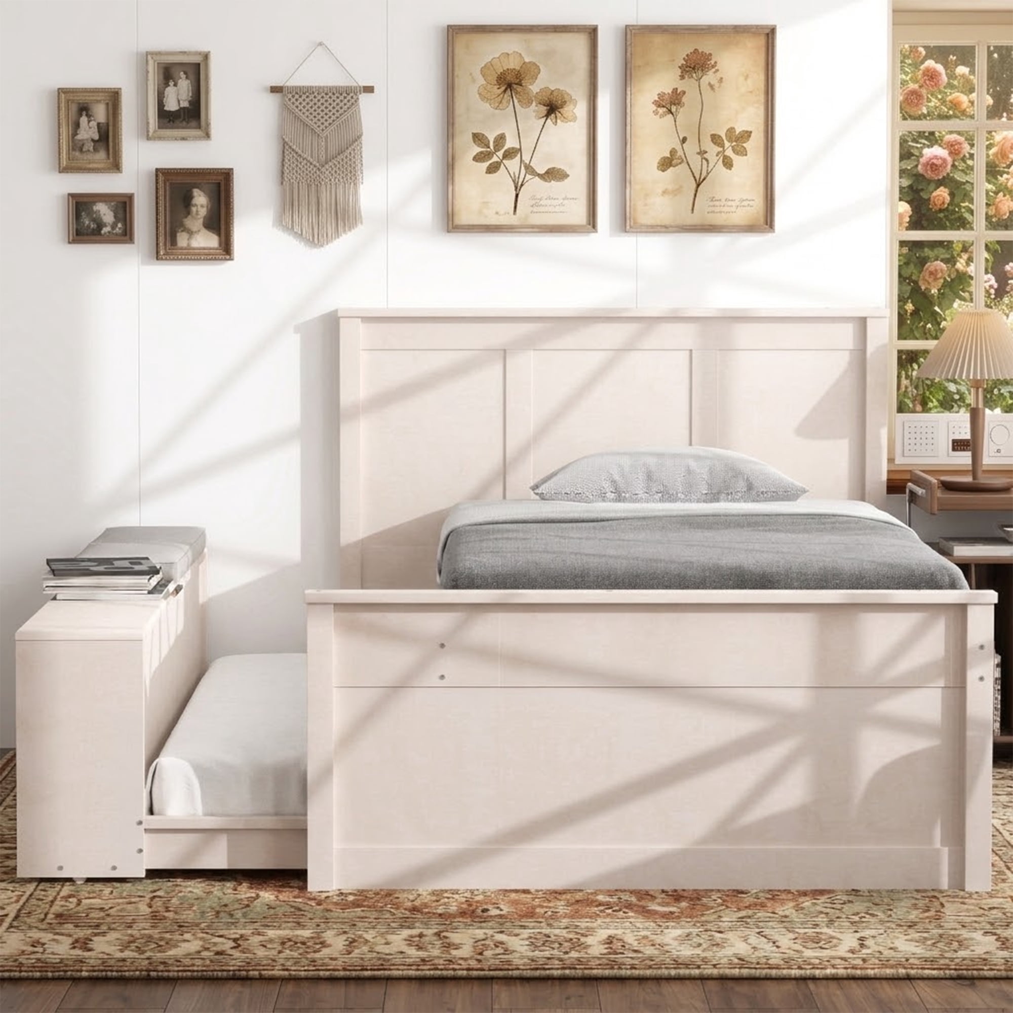 Alvantor Twin Bed Frames with Pull Out Trundle, Headboard and Storage Shelves, Cream White