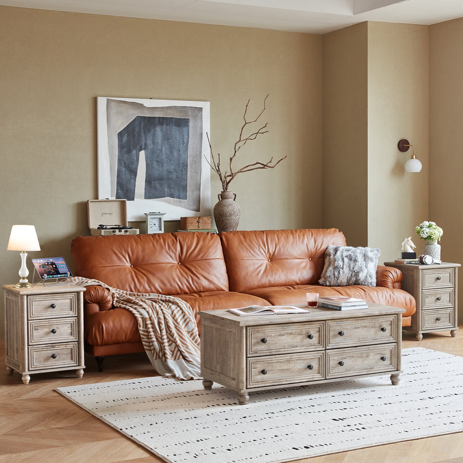 Nightstands Set of 2 with 3 Drawers, Farmhouse Nightstands with Charging Station End Table Beside Table for Bedroom Enrtyway Living Room, Grey Oak