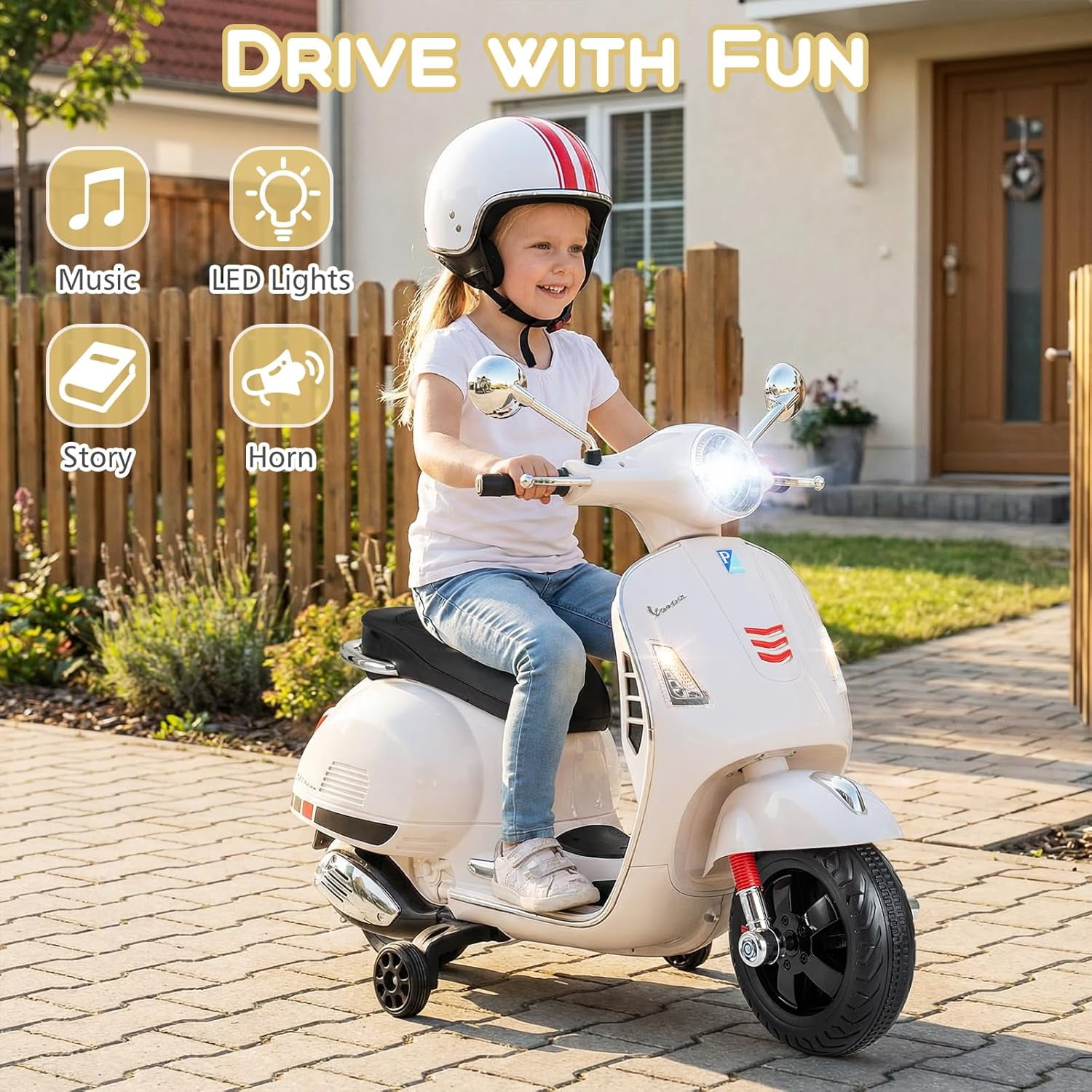 Licensed Vespa 12V Kids Motorcycle by OLAKIDS with Training Wheels, Music, Story, Horn, Lights for 3-6 Years