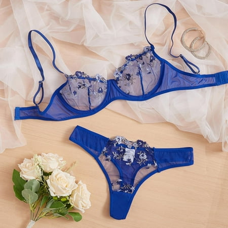 uublik Lingerie Set for Women Valentine s Day Spaghetti Strap 2 Piece Goth Wireless Bras and Panties Set Blue S