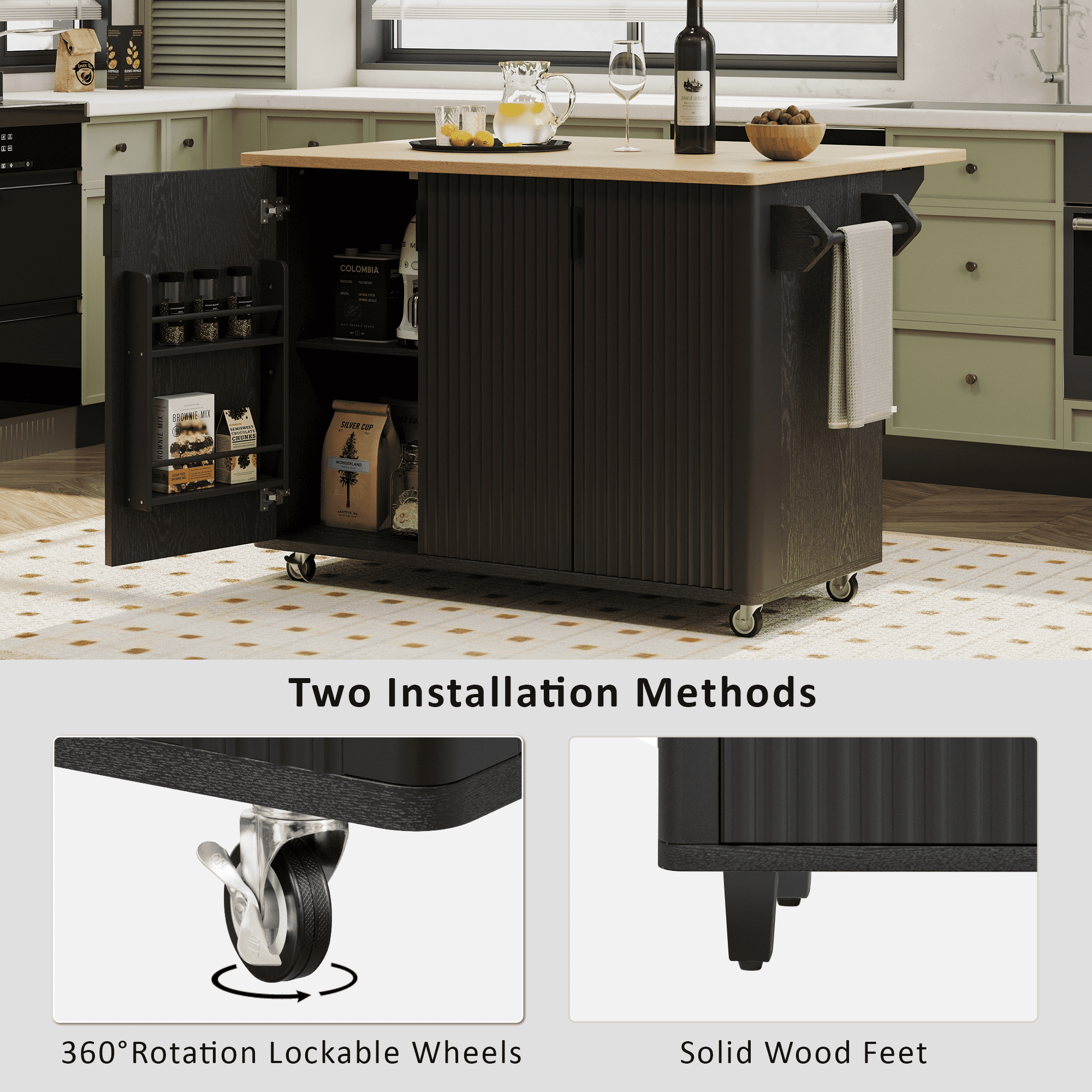 Euroco 51" Fluted Kitchen Island with Drop Leaf, Farmhouse Accent Kitchen Island on Wheels with Internal Storage Rack, Rolling Kitchen Cart with Towel Rack