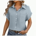 thumbnail image 3 of ORT Womens Button up Linen Shirt Short Sleeve Shirts Summer Fashion Cotton Linen Shirt Top Blouses with Pocket(Light Blue-01,L), 3 of 8