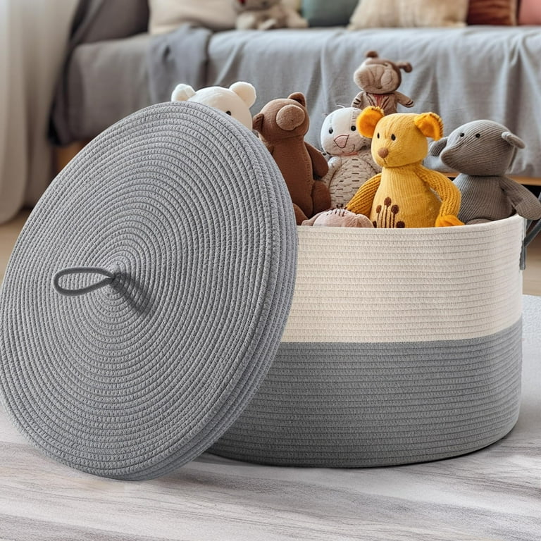 XXL Blanket Basket with Lid 21.7 D X 13.8 H Rope Basket with Handles Large Toy Basket for Kids and Dogs Blanket Storage for Living Room Decorative Laundry Basket Nursery Organizing Grey C31