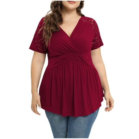 Womens Plus Size Tops Lace Short Sleeve V Neck Wrap Dressy Casual Shirt Pleated Flowy Tees Babydoll Tshirts Blouse