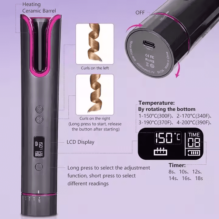2025 latest Portable Mini Rechargeable Wireless Curling Iron - Smart Auto Ceramic Hair Curler with LCD Temperature Display