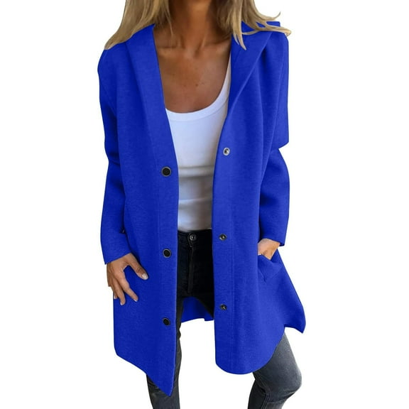 HTNBO Womens Casual Hooded Jacket Long Sleeve Single Breasted Trench Coat Solid Color Button Up Cardigan Sweaters