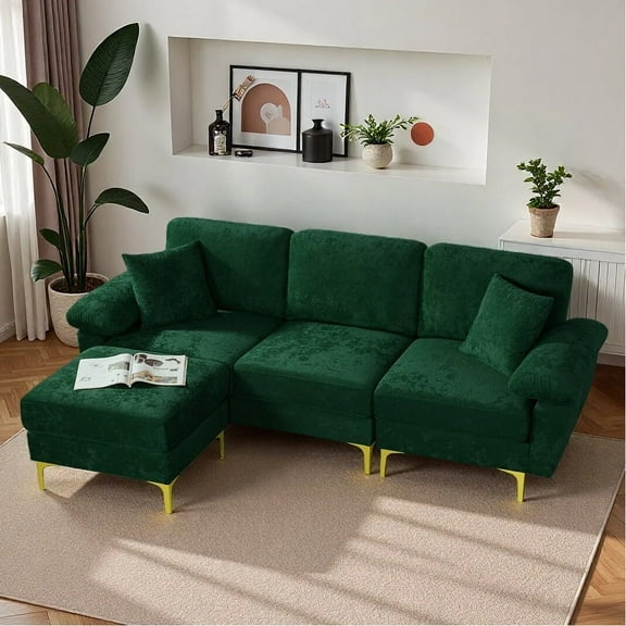 Wiilayok Velvet Modular Sectional Sofa,L Shaped Sectional Sofa Couch with Ottoman&Gold Legs,Comfy 3 Seater Sofa for Living Room Bedroom Apartment(Emerald Green, 91" L Shaped)