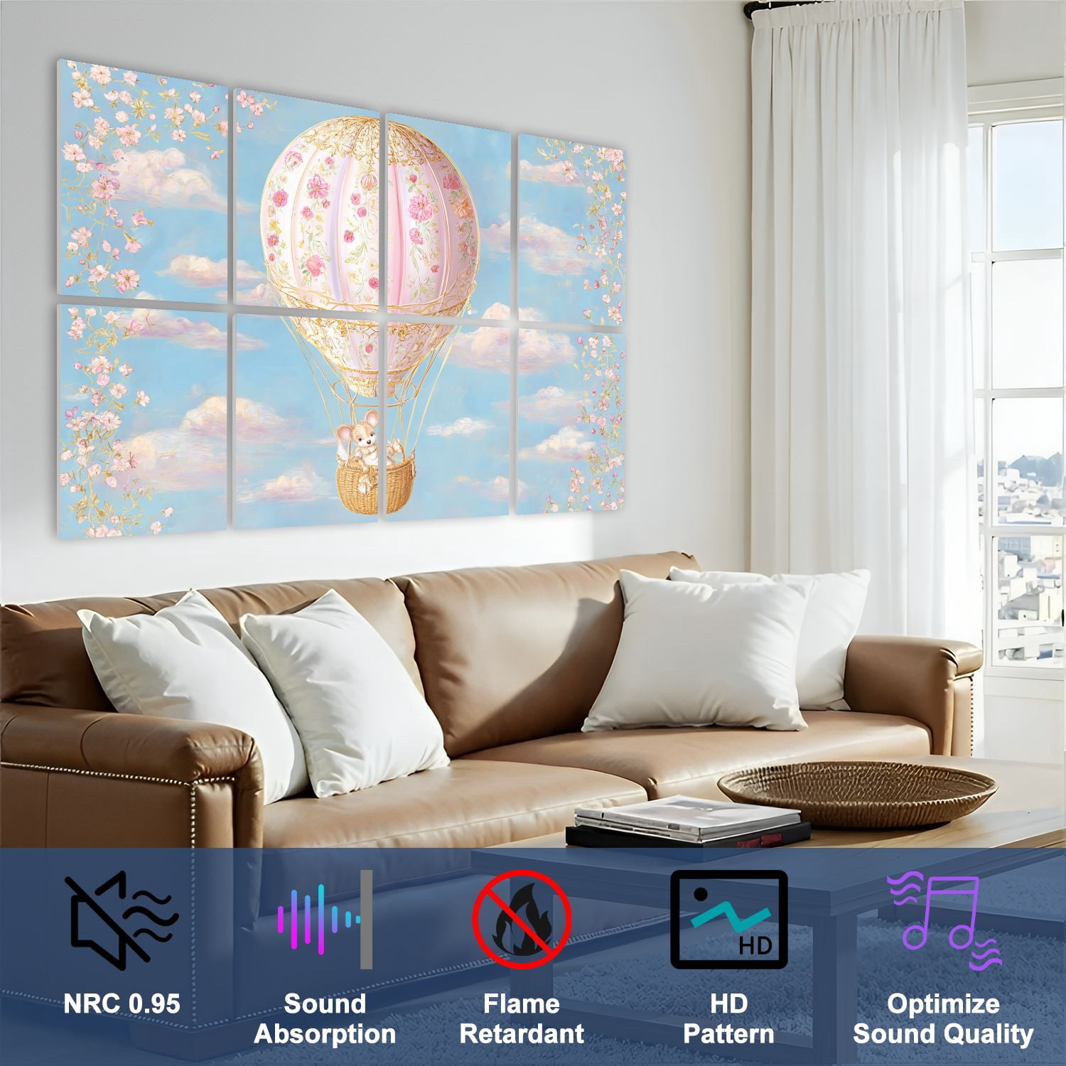 8 Pack Art Acoustic Panels Whimsical Hot Air Balloon Floral Cute Mouse Sky Self Adhesive Sound Absorbing Panels for Home Office Studio Media Room 48"x32"