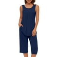 thumbnail image 2 of Nrmvnmi Women's Summer Pajamas Loose Loungewear Sets Pleated Round Neck Sleeveless Tops and Elastic Waist Capri Pants Lounge Sets 2 Piece Outfits Dark Blue MMothers Day Gifts, 2 of 8