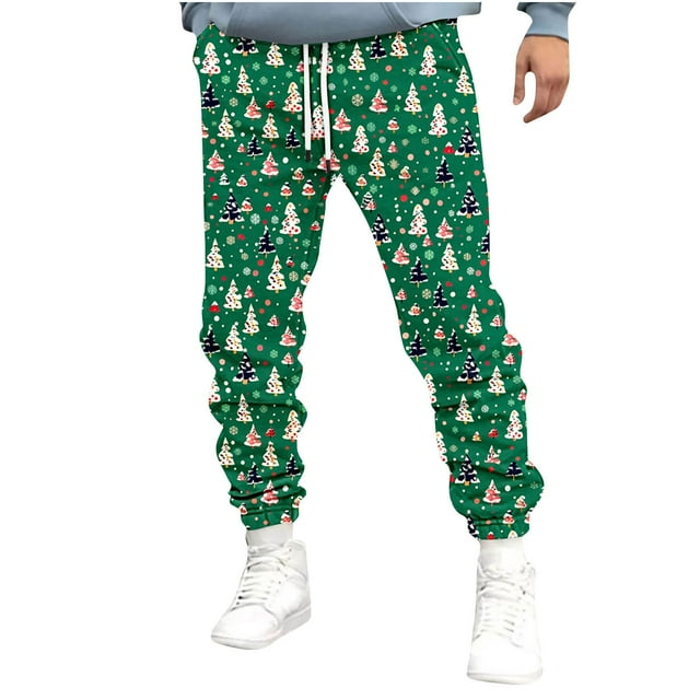 RKSTN Man pants Men's Sweatpants Tapered Running Pants Drawstring Jogging Pants Christmas Print Pants Full Length Pants