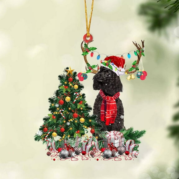 Acrylic 2D FLAT BLACK Miniature Poodle-Christmas Tree Gift Hanging Ornament
