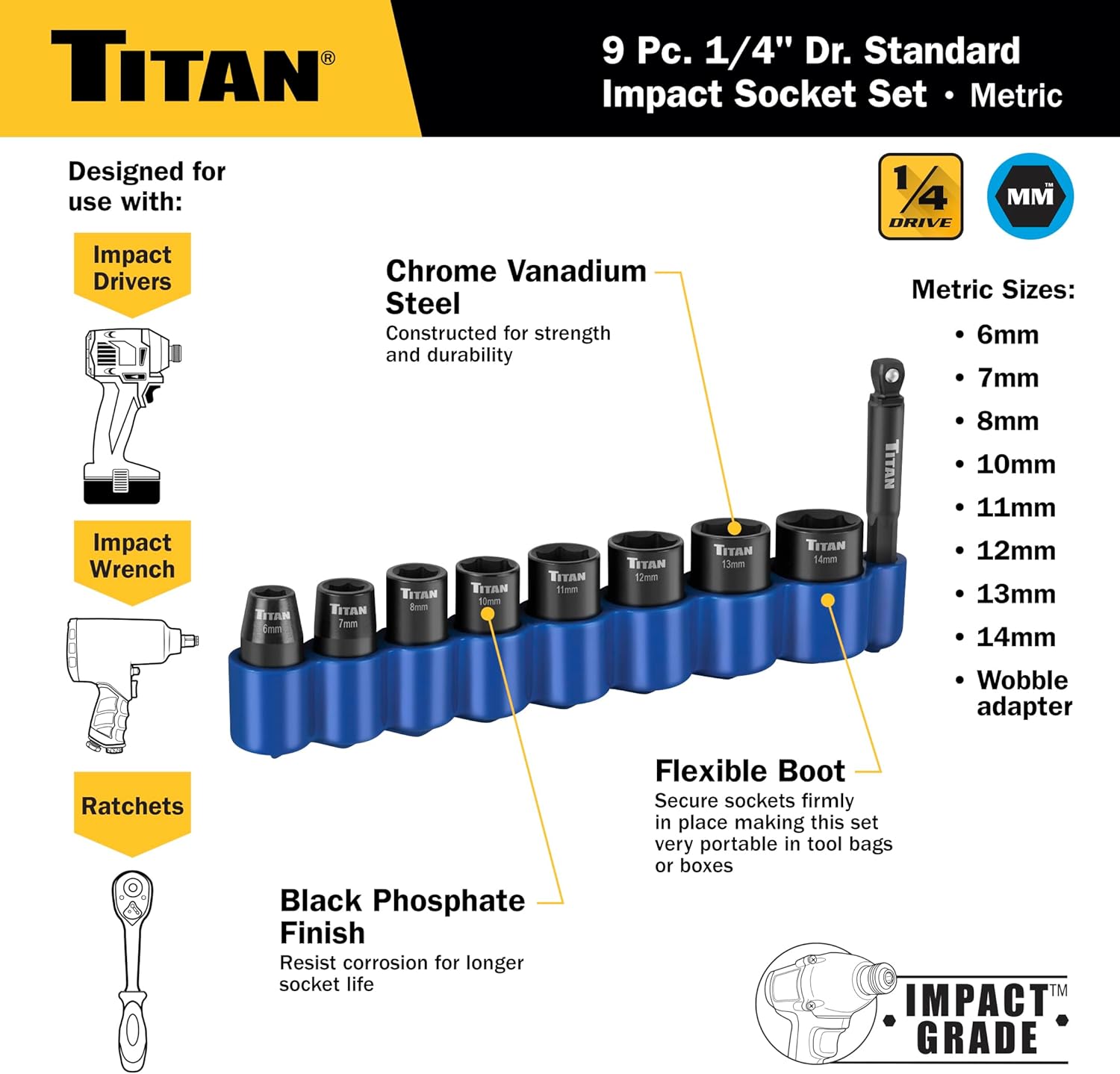 RGHJAR-46201 9-Piece 1/4-Inch Drive Metric Shallow Impact Socket Set, 6-Point, Metric Sizes 6 to 14mm