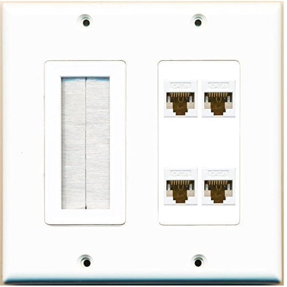 RiteAV (2 Gang Decorative Mesh-Brush 4 Cat6 White Wall Plate White
