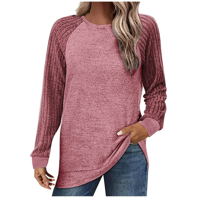 yoeyez Tunique en Tricot pour Femmes, Chandails à Manches Torsadées Patchwork, Col Ras du Cou Raglan, Chemises à Manches Longues, Hauts Mode Automne 2024, Rose, P
