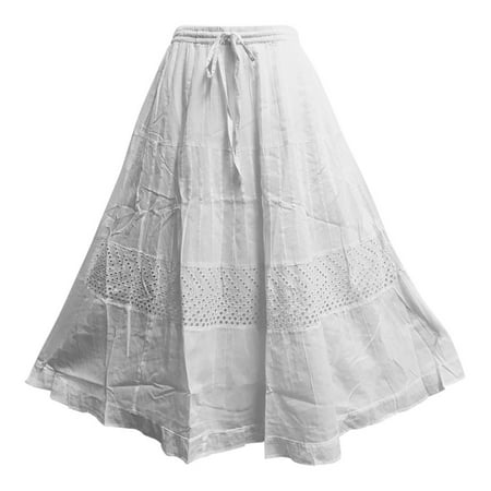White Embroidered Eyelet Tiered Indian Fine Gauze Cotton Long Maxi Skirt (Small, JK4)