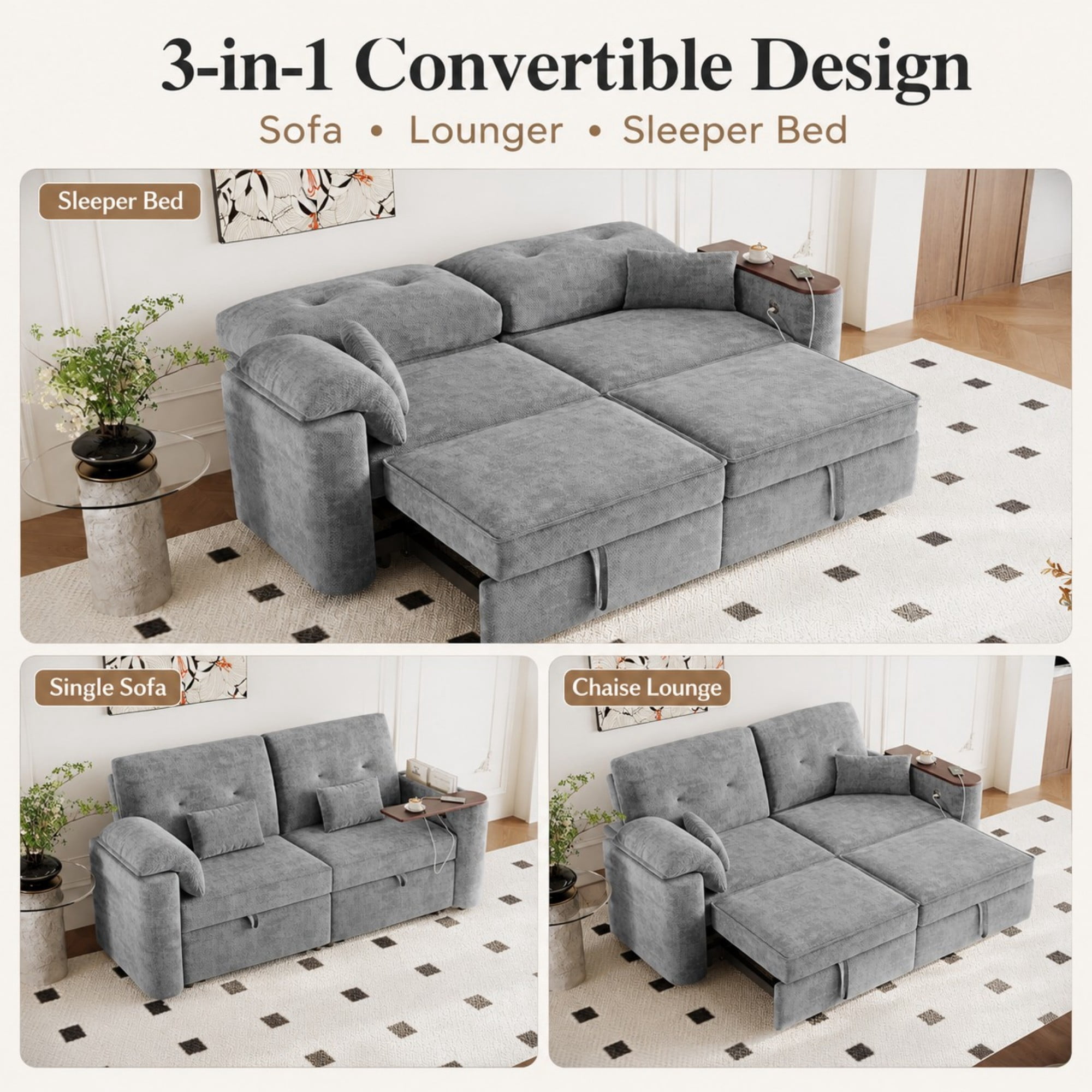 DEALTOPS 82" Chenille 3-in-1 Convertible Sleeper Sofa Bed with 270° Swivel Table & USB Ports, Gray