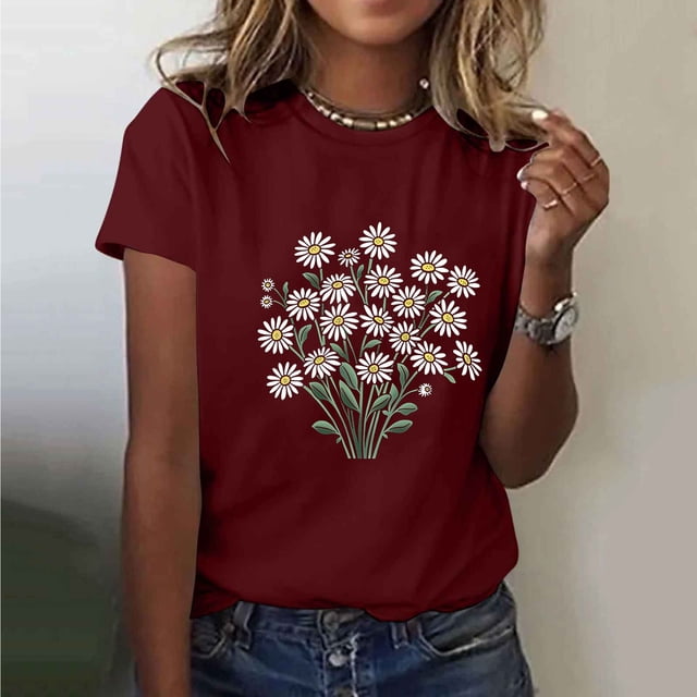 Jienlioq Hauts d'Été pour Femmes T-shirt Imprimé Col Rond Manches Courtes Vin G