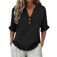thumbnail image 4 of RMGVDSD Womens Summer Tops 3/4 Sleeve V Neck Button Down Shirts Ruffled Hem Solid Color Casual Basic Shirt Everyday Comfort Tees Business Shirts, 4 of 7
