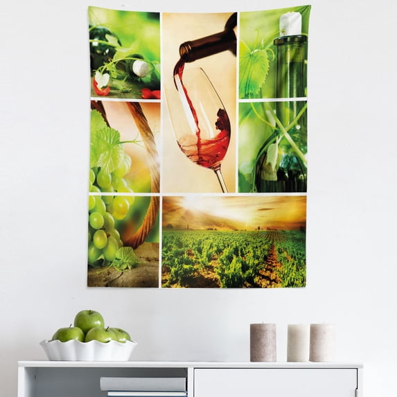 Wine Tapestry, Wine Tasting and Grapevine Collage Green Fresh Field Pouring Drink Delicious, Fabric Wall Hanging Decor for Bedroom Living Room Dorm, 5 Sizes, Green Ruby Caramel, by Ambesonne