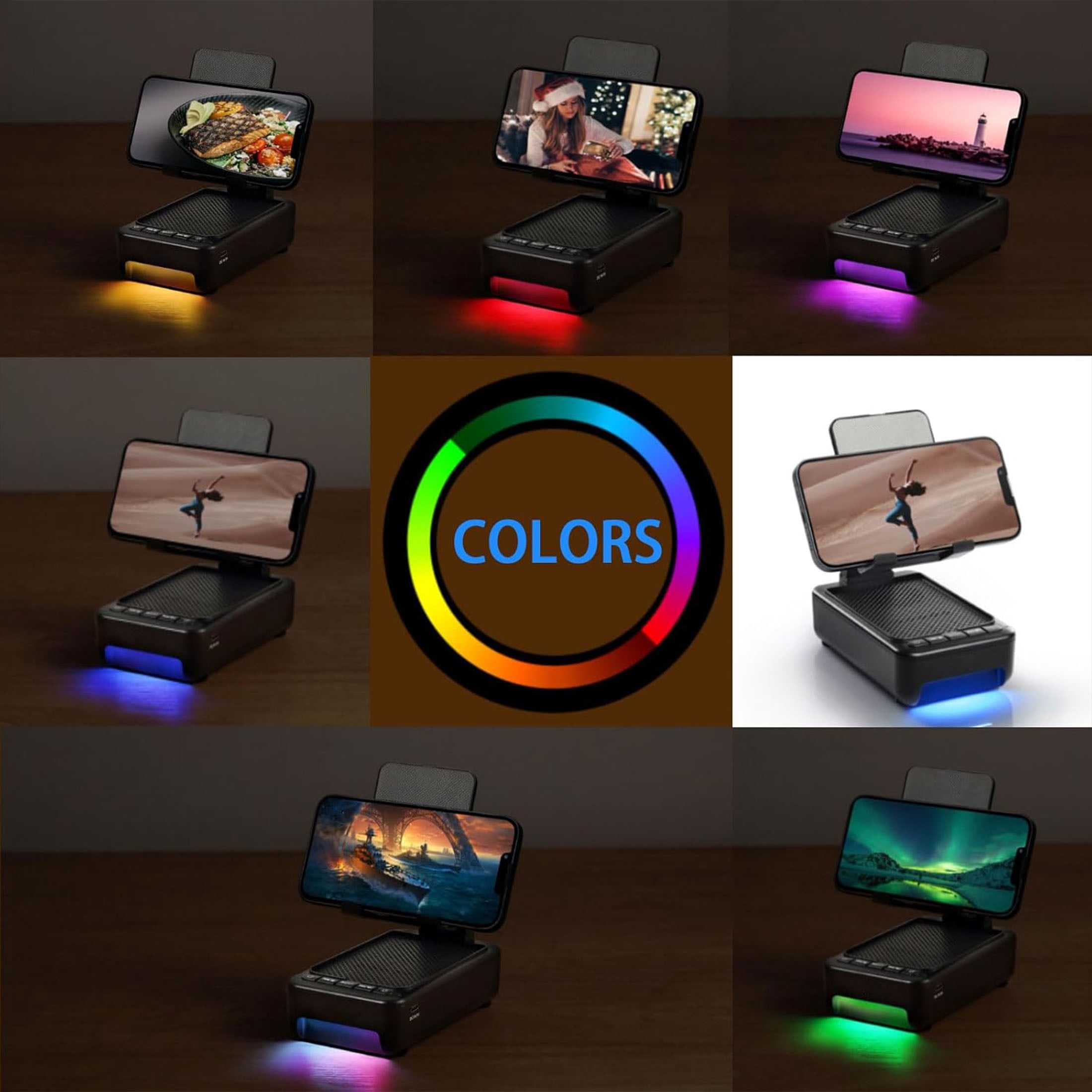 Portable Phone Stand with Speaker Bluetooth, Foldable Cellphone Stand with Led Color Changing Light, Angle Adjustable Cell Phone Holder with HD Stereo Sound Fits Phones,Tablet (Black)