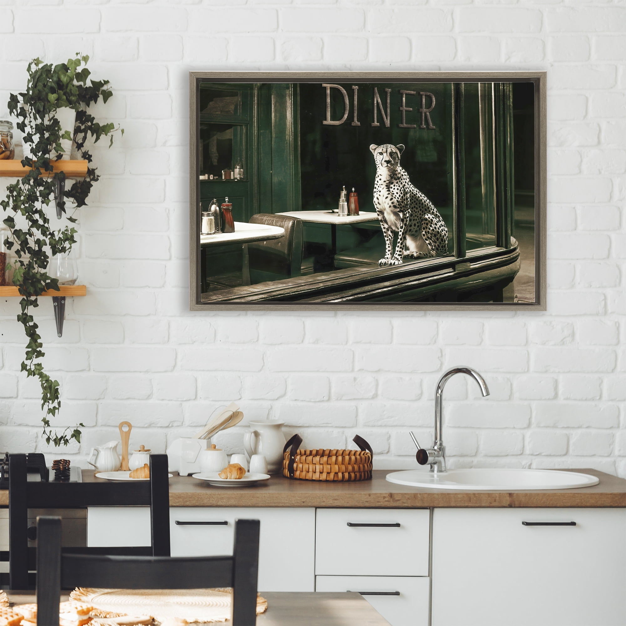Stupell Industries Diner Sentry Leopard Brown Framed Floater Canvas Wall Art, design by Annabelle Hall