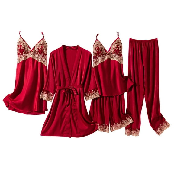 Wancir Womens 5 Piece Satin Pajama Set Lace Camisole Nightgown with Shorts Pants Robe Sleepwear Sexy Floral Nightwear