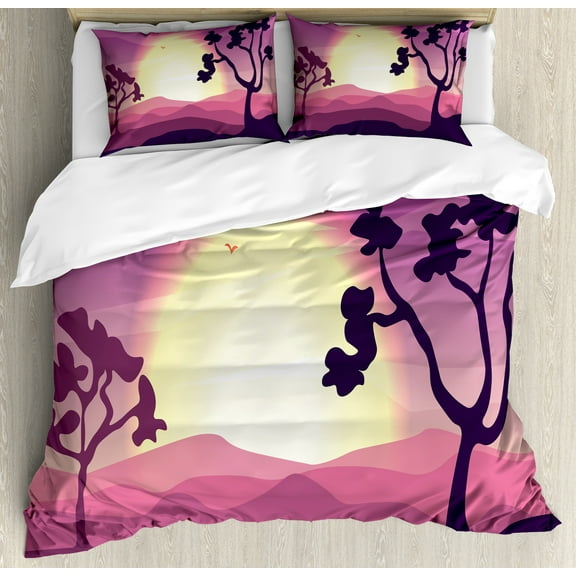 Nature Duvet Cover Set, Abstract Gradient Landscape Tropical Trees Desert Print, Decorative 3 Piece Bedding Set with 2 Pillow Shams, Calking Size, Pale Fuchsia Eggplant, by Ambesonne