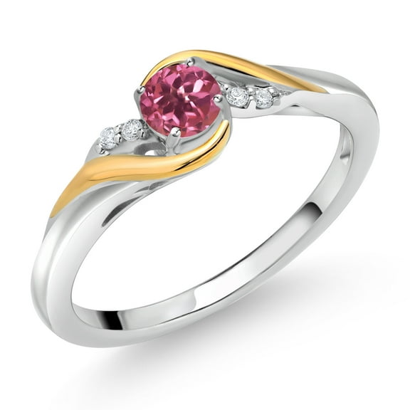 Gem Stone King 925 Sterling Silver and 10K Yellow Gold Round Pink Tourmaline and White Lab Grown Diamond Engagement Ring for Women (0.28 Cttw, Gemstone Birthstone, Size 6)